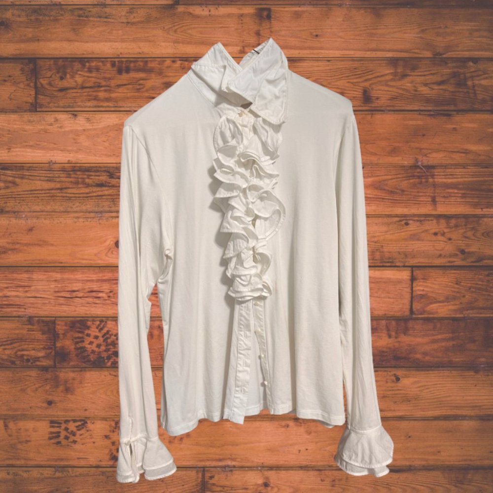 Anne Fontaine Double Collar and Ruffle Pima  White Jersey Shirt
